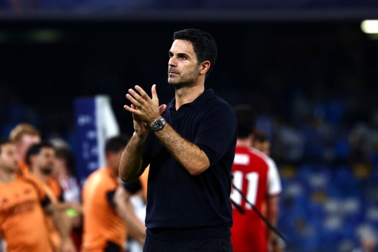 Head coach of Arsenal FC Mikel Arteta salutes his fans after the UEFA Champions League 2026/27 League Phase MD1 match between SSC Napoli and Arsena...