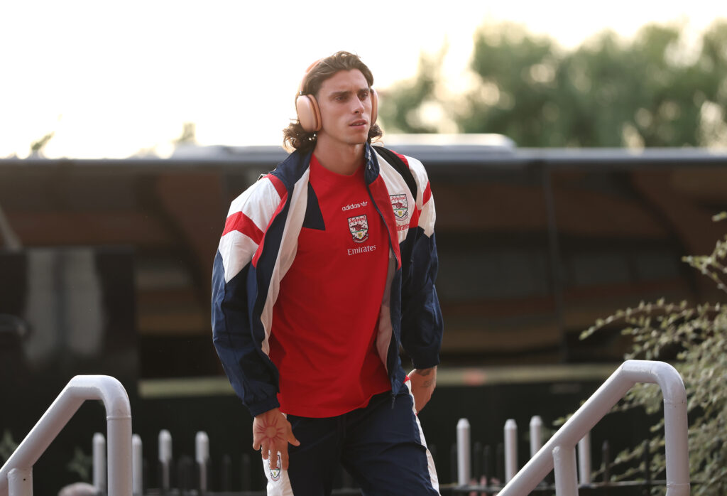 SUNDERLAND, ENGLAND - SEPTEMBER 12: Riccardo Calafiori of Arsenal arrives at the stadium before the Premier League 2026/27 match between Sunderland and Arsenal FC at Stadium of Light on September 12, 2026 in Sunderland, England. (Photo by Stu Forster/Getty Images)