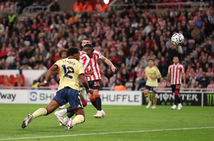 Jurrien Timber of Arsenal scores a goal which is alter disallowed during the Premier League 2026/27 match between Sunderland and Arsenal FC at Stad...