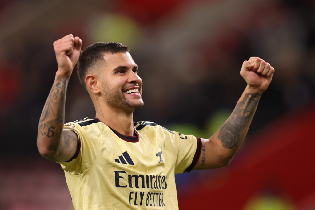 SUNDERLAND, ENGLAND - SEPTEMBER 12: Bruno Guimaraes of Arsenal celebrates after the Premier League 2026/27 match between Sunderland and Arsenal FC at Stadium of Light on September 12, 2026 in Sunderland, England. (Photo by Stu Forster/Getty Images)