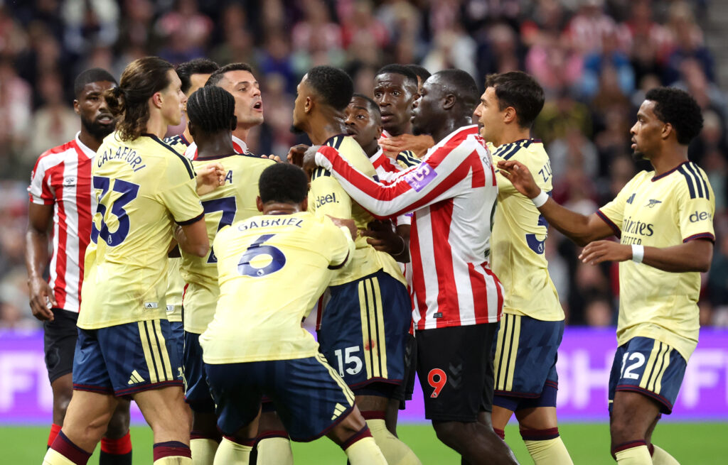 SUNDERLAND, ENGLAND - SEPTEMBER 12: Granit Xhaka of Sunderland clashes with Ezri Konsa of Arsenal during the Premier League 2026/27 match between Sunderland and Arsenal FC at Stadium of Light on September 12, 2026 in Sunderland, England. (Photo by WM Sport Media/Getty Images)