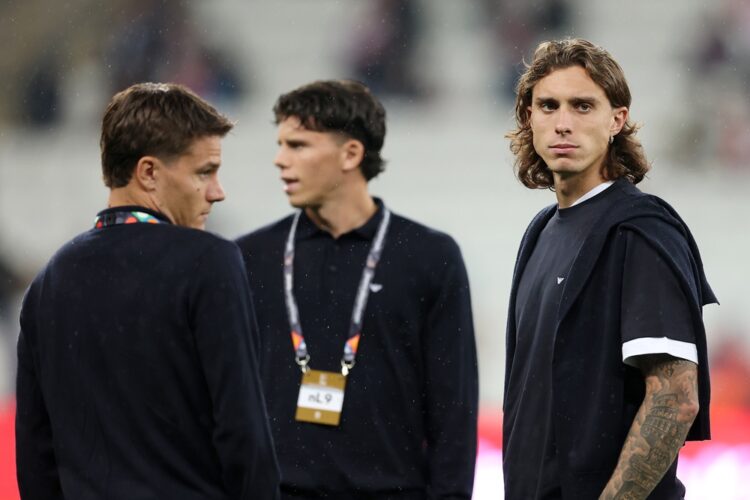 Riccardo Calafiori of Italy inspects the pitch before with teammates before the UEFA Nations League 2026/27 group phase match between Türkiye and I...
