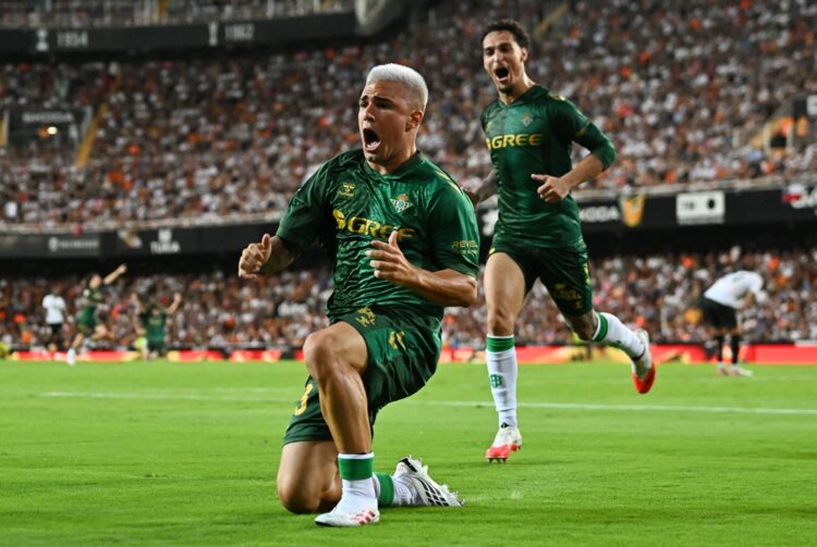 Pablo Garcia of Real Betis Balompie celebrates scoring his team’s first goal during the LaLiga EA Sports 2026/27 match between Valencia CF and Real...