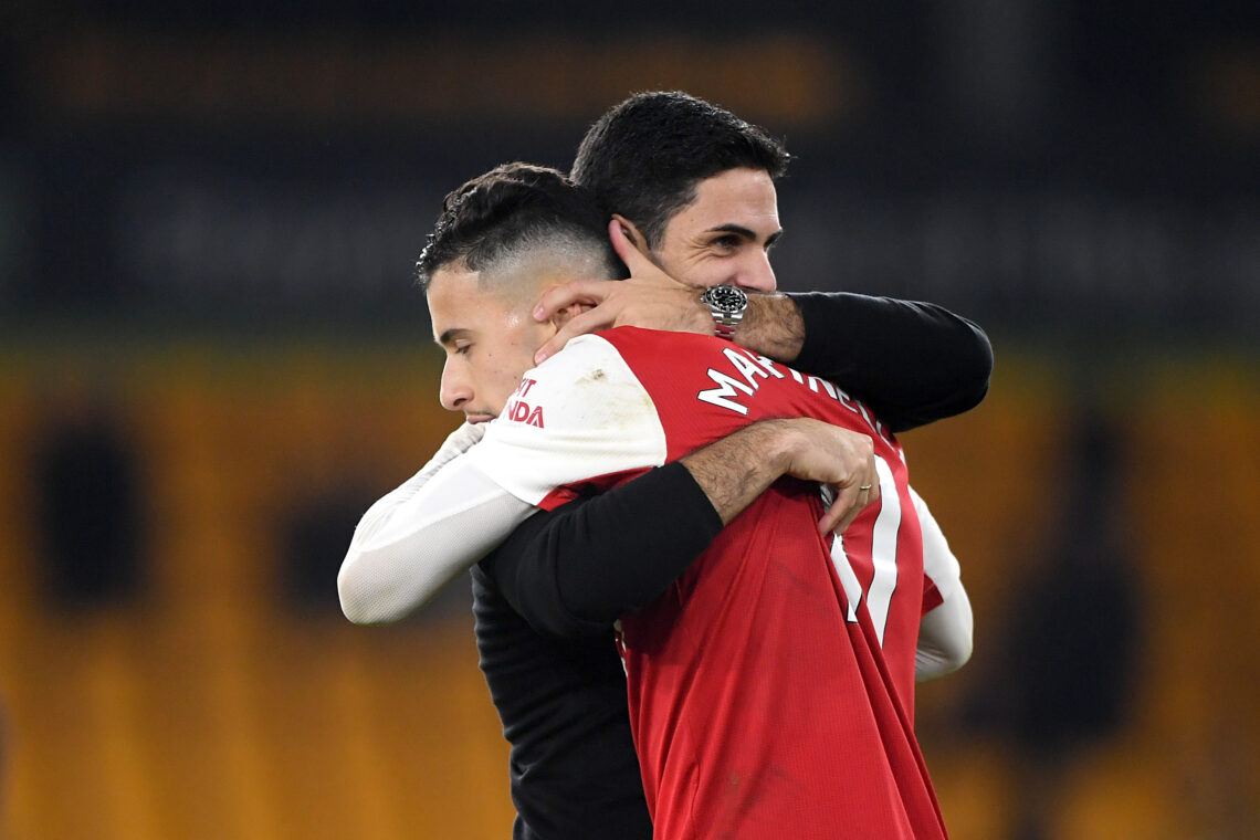WOLVERHAMPTON, ENGLAND - NOVEMBER 12: Mikel Arteta, Manager of Arsenal embraces Gabriel Martinelli following their side's victory in the Premier Le...