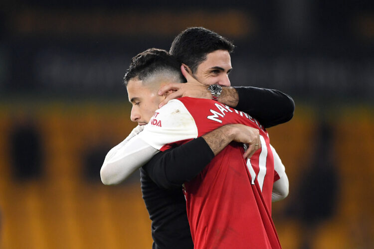 WOLVERHAMPTON, ENGLAND - NOVEMBER 12: Mikel Arteta, Manager of Arsenal embraces Gabriel Martinelli following their side's victory in the Premier Le...