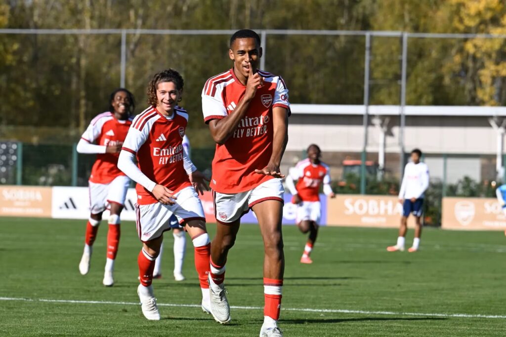 Mylo Bernard after scoring for the Arsenal u18s (Photo via Arsenal.com)