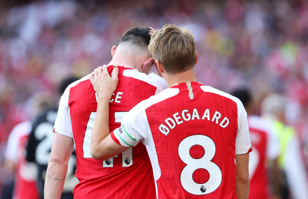 LONDON, ENGLAND - MAY 19: Declan Rice and Martin Odegaard of Arsenal look dejected following the Premier League match between Arsenal FC and Everton FC at Emirates Stadium on May 19, 2024 in London, England. (Photo by Julian Finney/Getty Images)