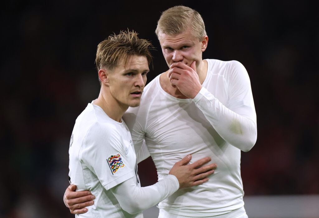 Arsenal suffer more injuries during international break than any other Premier League side 4 CARDIFF, WALES - OCTOBER 01: Erling Haaland of Norway talks with teammate Martin Odegaard after the UEFA Nations League 2026/27 group phase match between Wales and Norway at Cardiff City Stadium on October 01, 2026 in Cardiff, Wales. (Photo by Michael Steele/Getty Images)