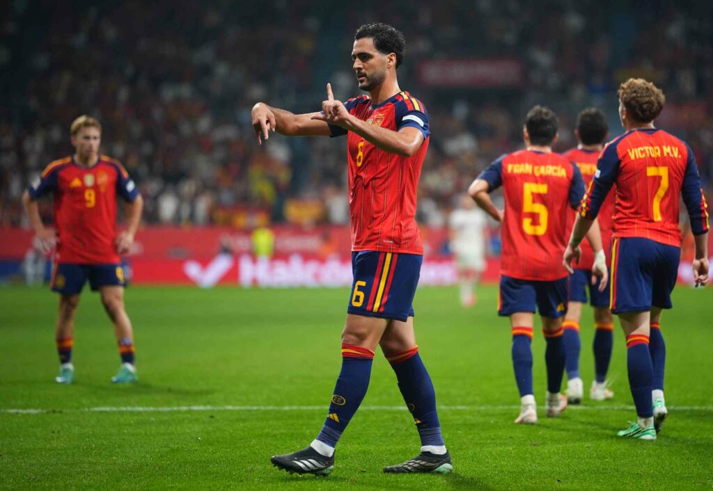 OVIEDO, SPAIN - OCTOBER 03: Mikel Merino of Spain celebrates scoring his team’s third goal during the UEFA Nations League 2026/27 group phase match between Spain and Czechia at Carlos Tartiere on October 03, 2026 in Oviedo, Spain. (Photo by Jose Manuel Alvarez Rey/Getty Images)