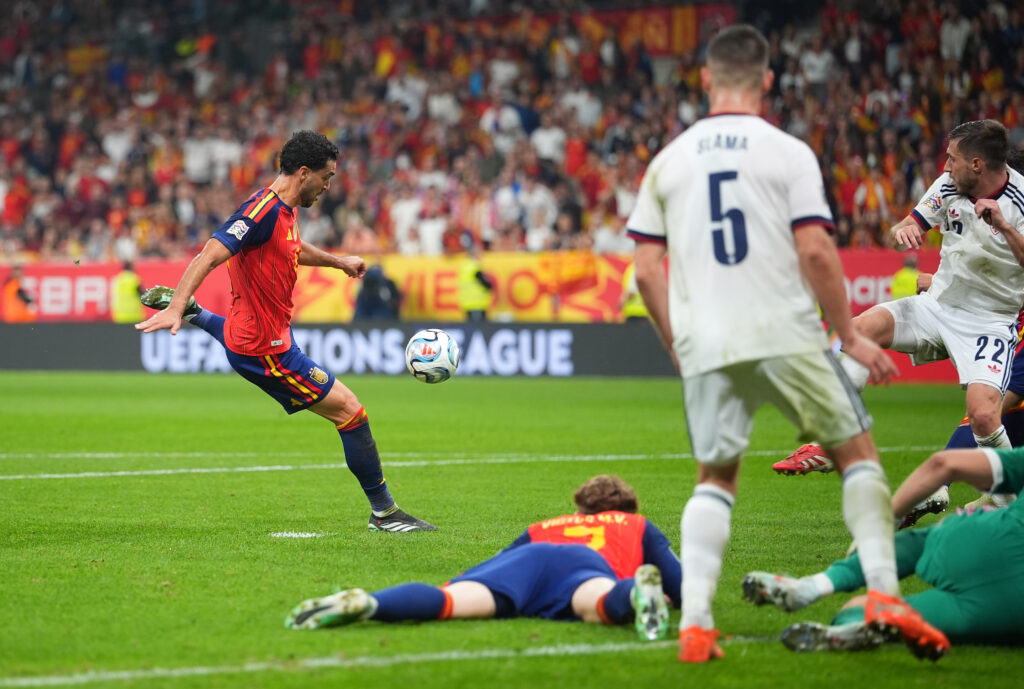 OVIEDO, SPAIN - OCTOBER 03: Mikel Merino of Spain scores his team’s third goal during the UEFA Nations League 2026/27 group phase match between Spain and Czechia at Carlos Tartiere on October 03, 2026 in Oviedo, Spain. (Photo by Jose Manuel Alvarez Rey/Getty Images)