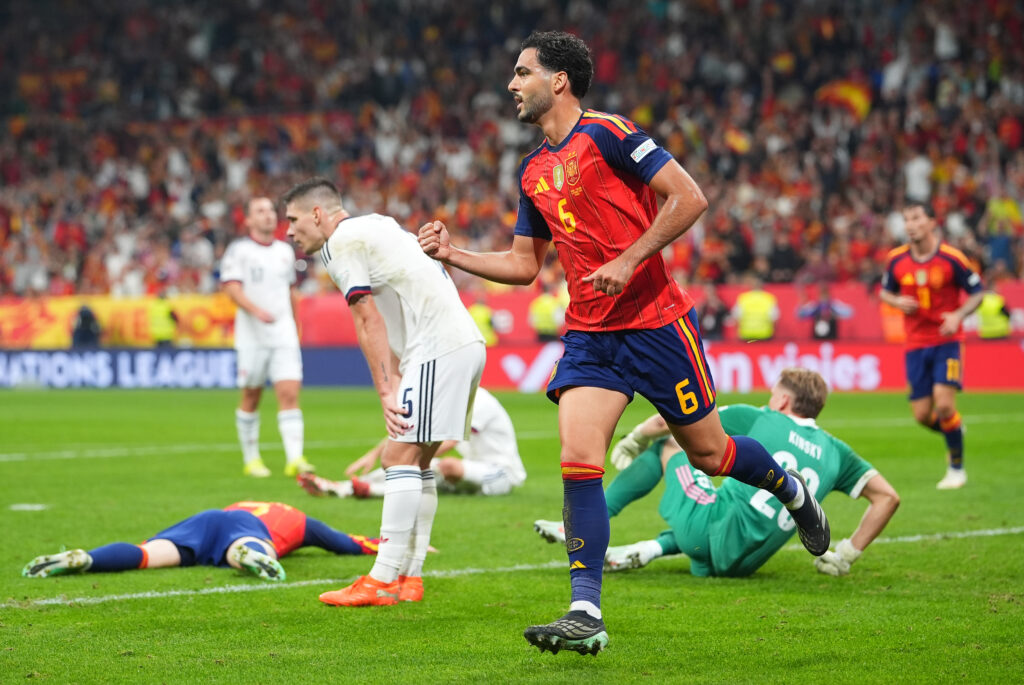 OVIEDO, SPAIN - OCTOBER 03: Mikel Merino of Spain celebrates scoring his team’s third goal during the UEFA Nations League 2026/27 group phase match between Spain and Czechia at Carlos Tartiere on October 03, 2026 in Oviedo, Spain. (Photo by Jose Manuel Alvarez Rey/Getty Images)