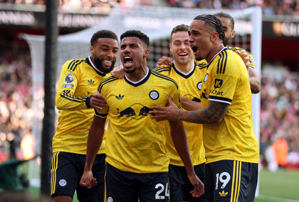 LONDON, ENGLAND - OCTOBER 10: James Justin of Leeds United celebrates scoring his team’s first goal with teammates during the Premier League 2026/27 match between Arsenal FC and Leeds United at Emirates Stadium on October 10, 2026 in London, England. (Photo by Alex Pantling/Getty Images)