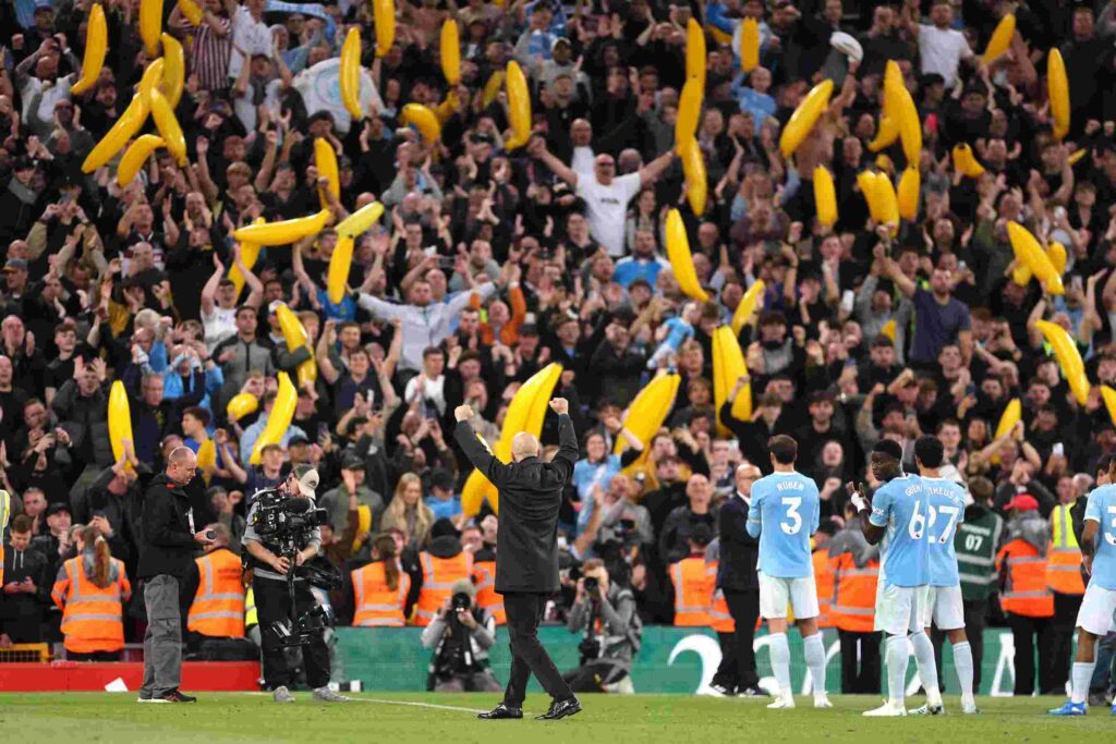 LIVERPOOL, ENGLAND - OCTOBER 11: Enzo Maresca, Manager of Manchester City, celebrates with fans after the match during the Premier League 2026/27 match between Liverpool FC and Manchester City at Anfield on October 11, 2026 in Liverpool, England. (Photo by Alex Pantling/Getty Images)
