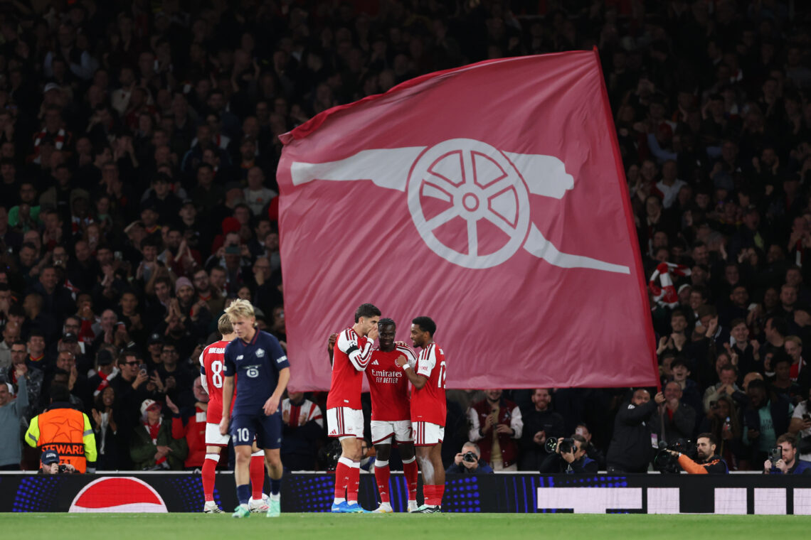 Bukayo Saka of Arsenal celebrates scoring his team’s third goal with Kai Havertz and Jurrien Timber during the UEFA Champions League 2026/27 League...