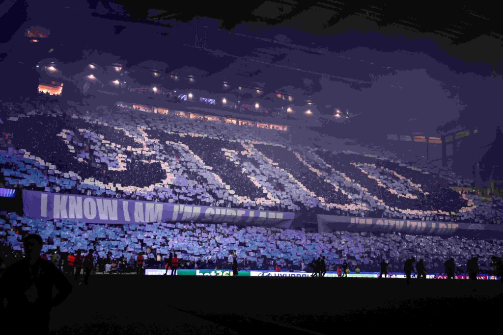 MANCHESTER, ENGLAND - OCTOBER 14: A general view of the Manchester City tifo ahead of during the UEFA Champions League 2026/27 League Phase MD2 match between Manchester City and Paris Saint-Germain at City of Manchester Stadium on October 14, 2026 in Manchester, England. (Photo by Ryan Pierse/Getty Images)