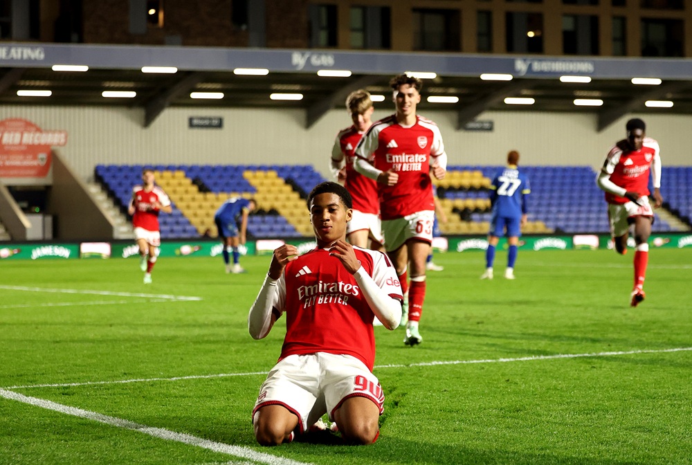 Emerson Nwaneri of Arsenal celebrates scoring his team’s second goal during the Jersey Mike's Trophy match between AFC Wimbledon v Arsenal U21 at The Cherry Red Records Stadium on October 27, 2026 in Wimbledon, England. (Photo by Andrew Redington/Getty Images)