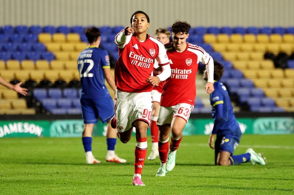 Emerson Nwaneri of Arsenal celebrates scoring his team’s second goal during the Jersey Mike's Trophy match between AFC Wimbledon v Arsenal U21 at T...