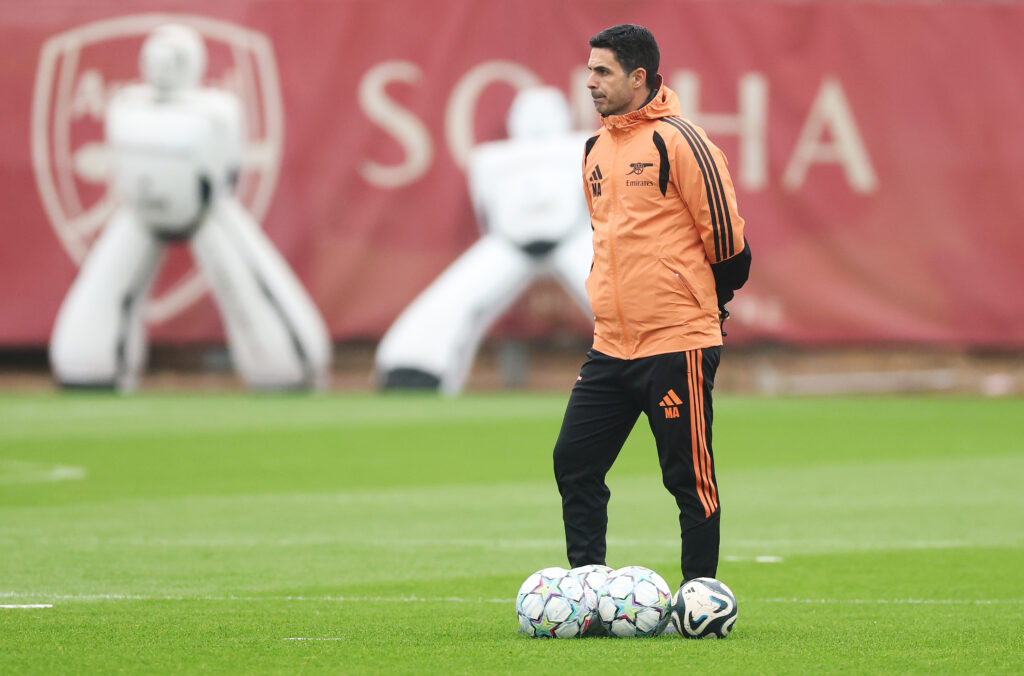 MUNICH, GERMANY - OCTOBER 20: Mikel Arteta, Manager of Arsenal, looks on during the training session ahead of the UEFA Champions League 2026/27 League Phase MD3 at Football Arena Munich on October 20, 2026 in Munich, Germany. (Photo by Alex Pantling/Getty Images)
