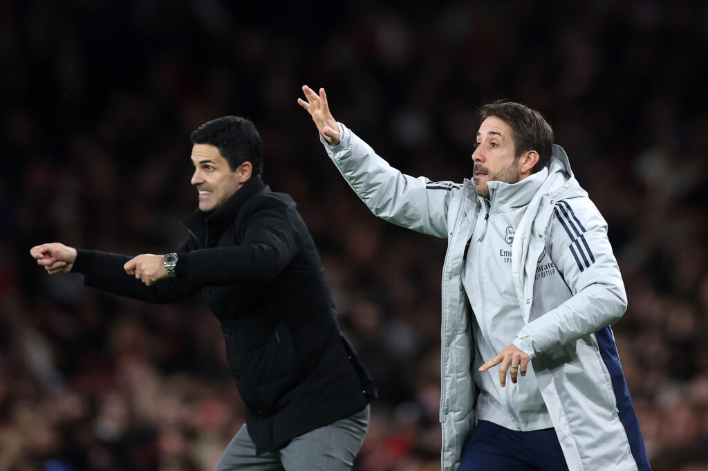 LONDON, ENGLAND - OCTOBER 21: Arsenal's set piece coach, Nicolas Jover with manager Mikel Arteta during the UEFA Champions League 2025/26 League Phase MD3 match between Arsenal FC and Atletico de Madrid at Arsenal Stadium on October 21, 2025 in London, England. (Photo by Alex Pantling/Getty Images)