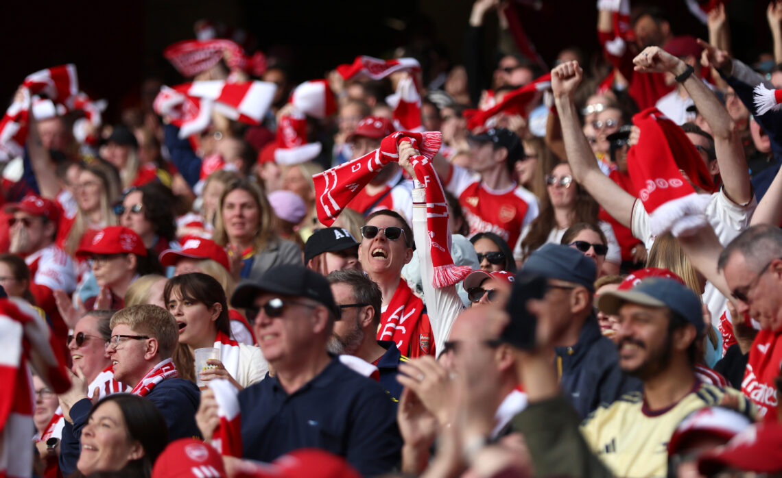 LONDON, ENGLAND - OCTOBER 17: Arsenal fans celebrate Olivia Smith of Arsenal scoring her team’s first goal during the Barclays Women's Super League...