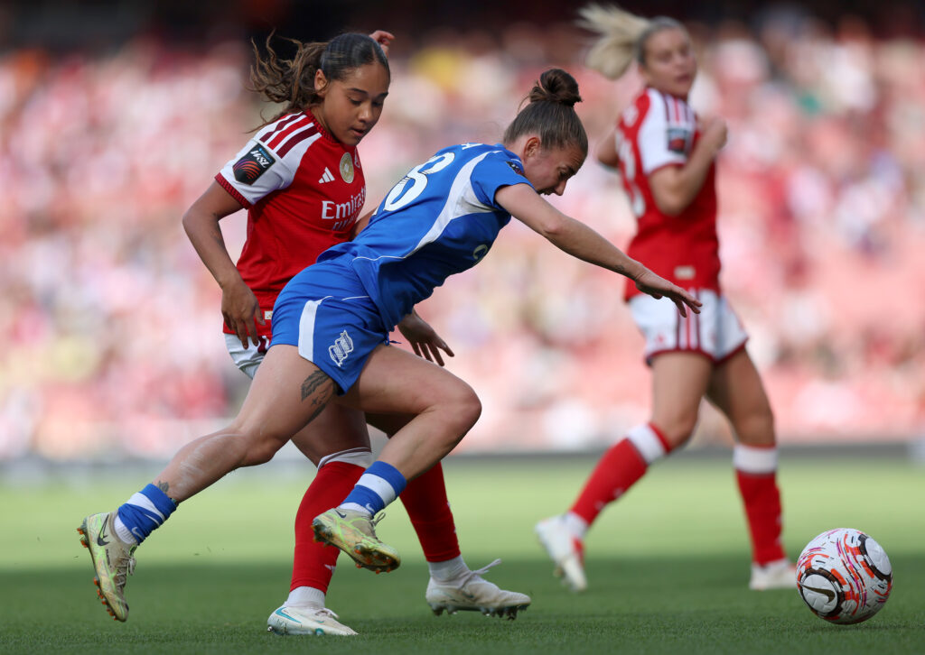 LONDON, ENGLAND - OCTOBER 17: Rebecca McKenna of Birmingham City is tackled by Olivia Smith of Arsenal during the Barclays Women's Super League 2026/27 match between Arsenal FC and Birmingham City at Emirates Stadium on October 17, 2026 in London, England. (Photo by Sarah Ray-Gain/Getty Images)