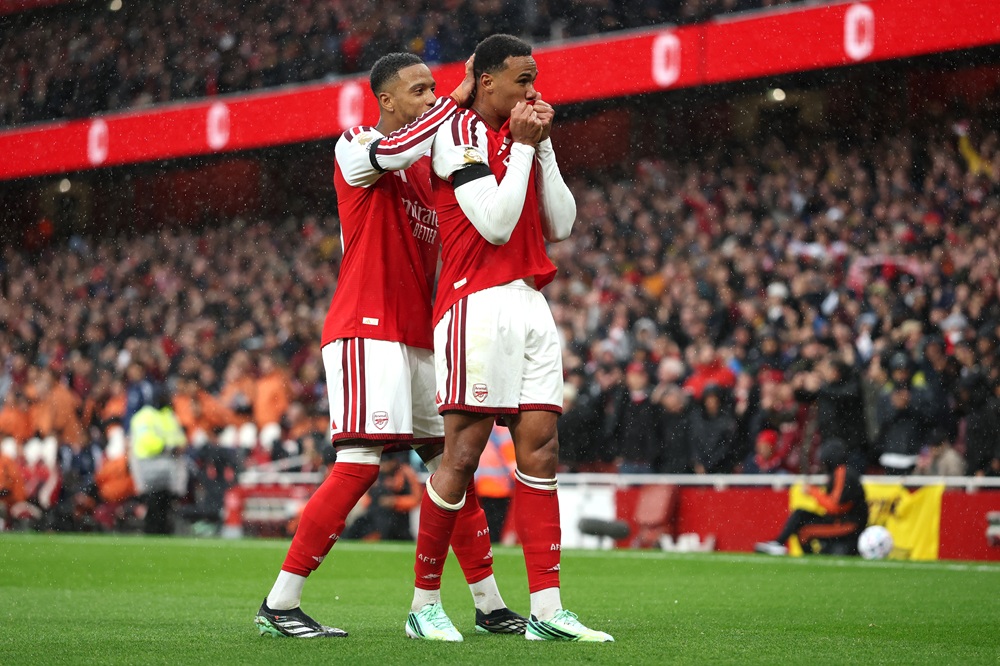 Gabriel of Arsenal celebrates scoring his team’s second goal with teammate Ezri Konsa of Arsenal during the Premier League 2026/27 match between Arsenal FC and Everton at Emirates Stadium on October 24, 2026 in London, England. (Photo by Julian Finney/Getty Images)