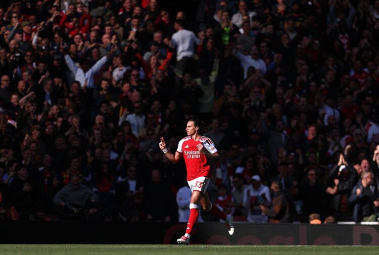 Riccardo Calafiori of Arsenal celebrates scoring his sides first goal during the Premier League 2026/27 match between Arsenal FC and Leeds United a...