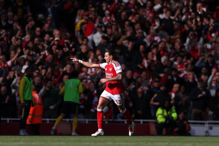 Riccardo Calafiori of Arsenal celebrates scoring his team’s first goal during the Premier League 2026/27 match between Arsenal FC and Leeds United ...