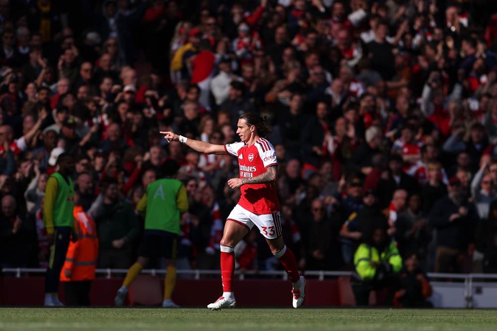 Riccardo Calafiori of Arsenal celebrates scoring his team’s first goal during the Premier League 2026/27 match between Arsenal FC and Leeds United at Emirates Stadium on October 10, 2026 in London, England. (Photo by Alex Pantling/Getty Images)