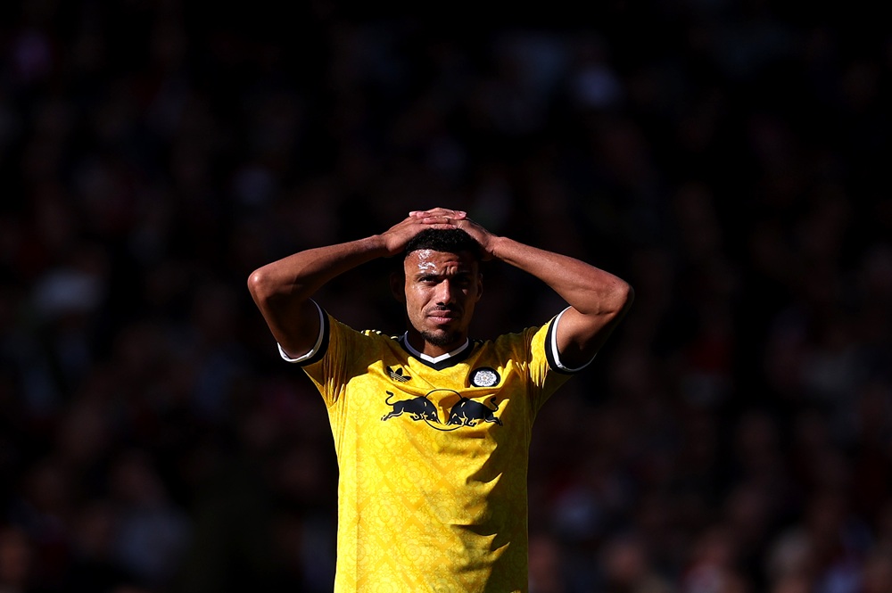 James Justin of Leeds United reacts during the Premier League 2026/27 match between Arsenal FC and Leeds United at Emirates Stadium on October 10, ...