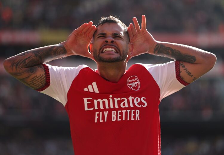 Bruno Guimaraes of Arsenal celebrates scoring his team’s second goal during the Premier League 2026/27 match between Arsenal FC and Leeds United at...