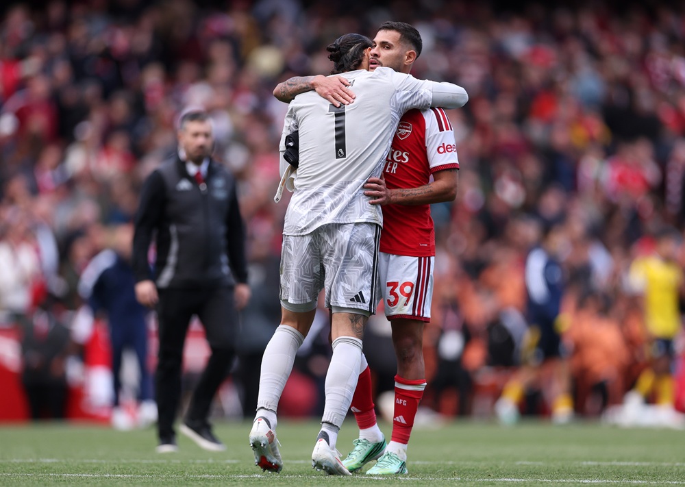 David Raya and Bruno Guimaraes of Arsenal celebrate after the team's victory during the Premier League 2026/27 match between Arsenal FC and Leeds United at Emirates Stadium on October 10, 2026 in London, England. (Photo by Alex Pantling/Getty Images)