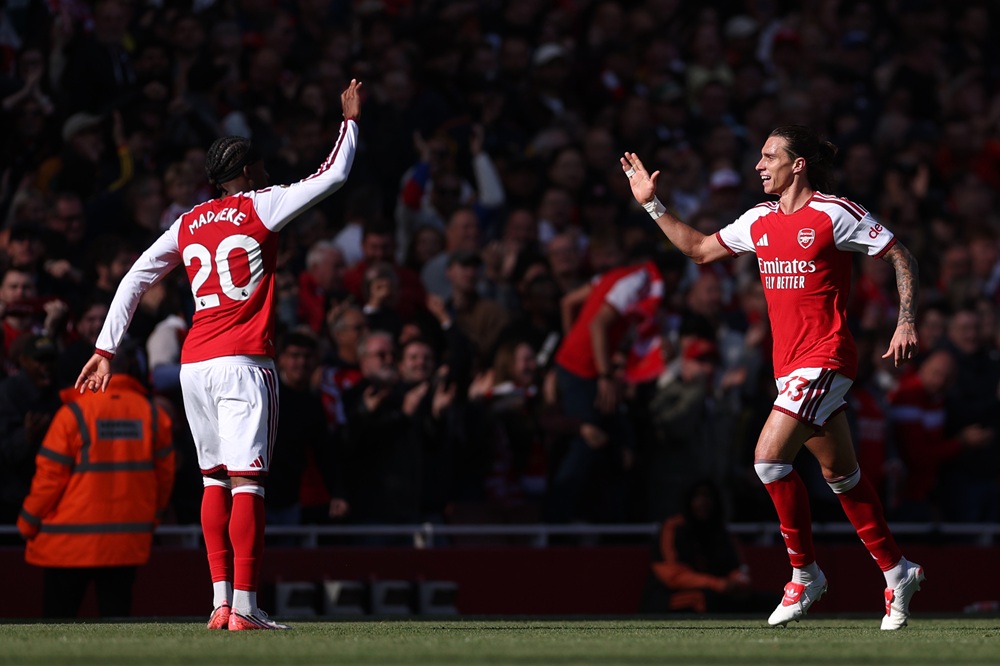 Arteta praises criticised Arsenal 24yo for Leeds performance 1 Riccardo Calafiori of Arsenal celebrates scoring his team’s first goal with Noni Madueke during the Premier League 2026/27 match between Arsenal FC...