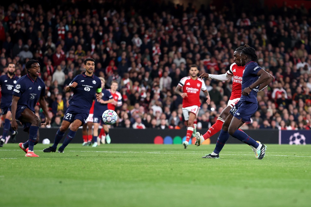 Eberechi Eze of Arsenal scores his team’s second goal during the UEFA Champions League 2026/27 League Phase MD2 match between Arsenal FC and LOSC Lille at Arsenal Stadium on October 13, 2026 in London, England. (Photo by Julian Finney/Getty Images)