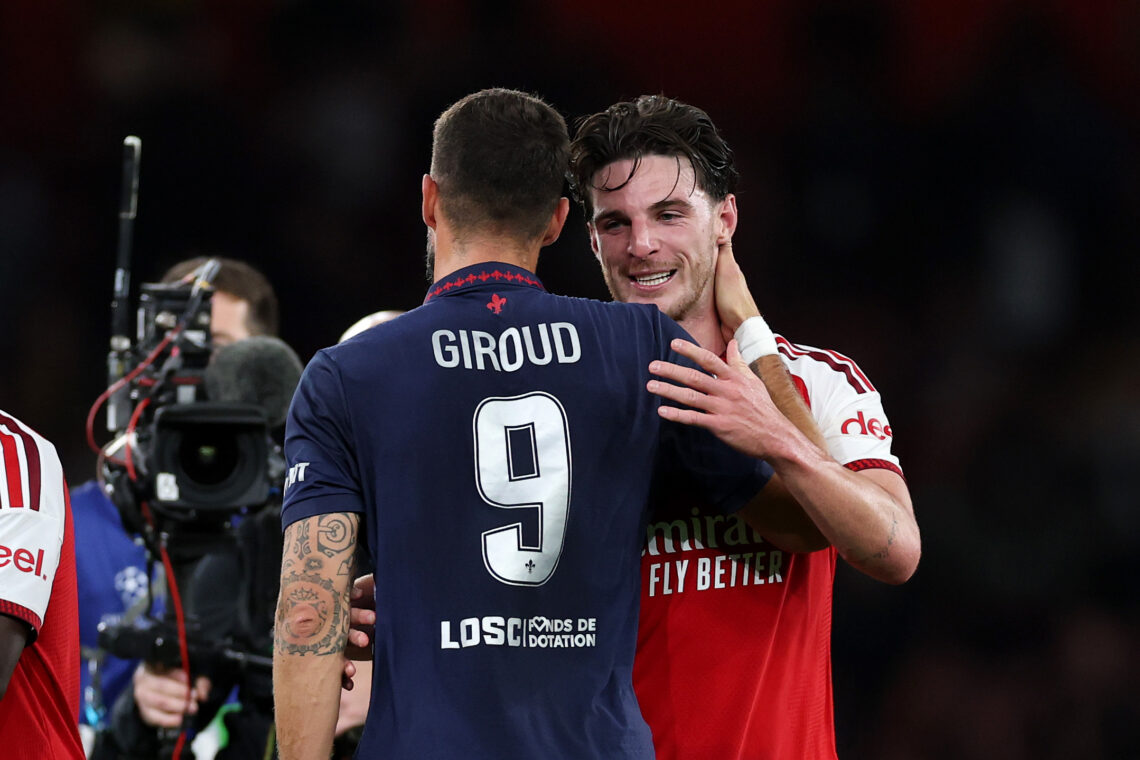 Lille blow chance to top Ligue 1 after Arsenal defeat 1 LONDON, ENGLAND - OCTOBER 13: Olivier Giroud of LOSC Lille hugs Declan Rice of Arsenal after the UEFA Champions League 2026/27 League Phase MD2 mat...