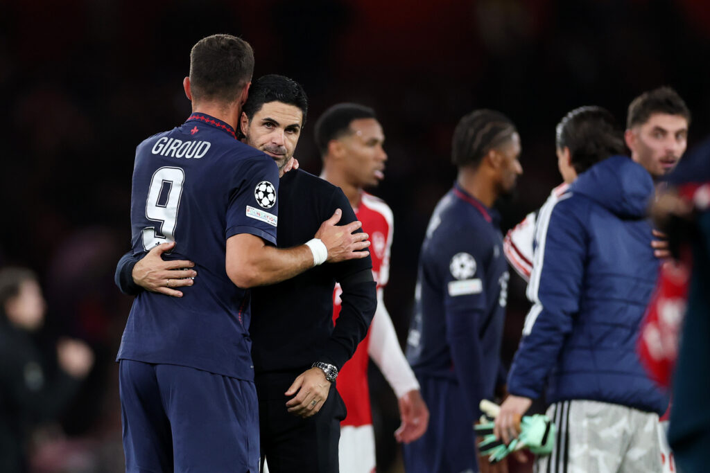 LONDON, ENGLAND - OCTOBER 13: Olivier Giroud of LOSC Lille hugs Mikel Arteta, Manager of Arsenal, after the UEFA Champions League 2026/27 League Phase MD2 match between Arsenal FC and LOSC Lille at Arsenal Stadium on October 13, 2026 in London, England. (Photo by Justin Setterfield/Getty Images)