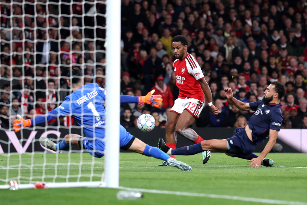 LONDON, ENGLAND - OCTOBER 13: Jurrien Timber of Arsenal scores his team’s first goal past Berke Ozer of LOSC Lille during the UEFA Champions League 2026/27 League Phase MD2 match between Arsenal FC and LOSC Lille at Arsenal Stadium on October 13, 2026 in London, England. (Photo by Julian Finney/Getty Images)