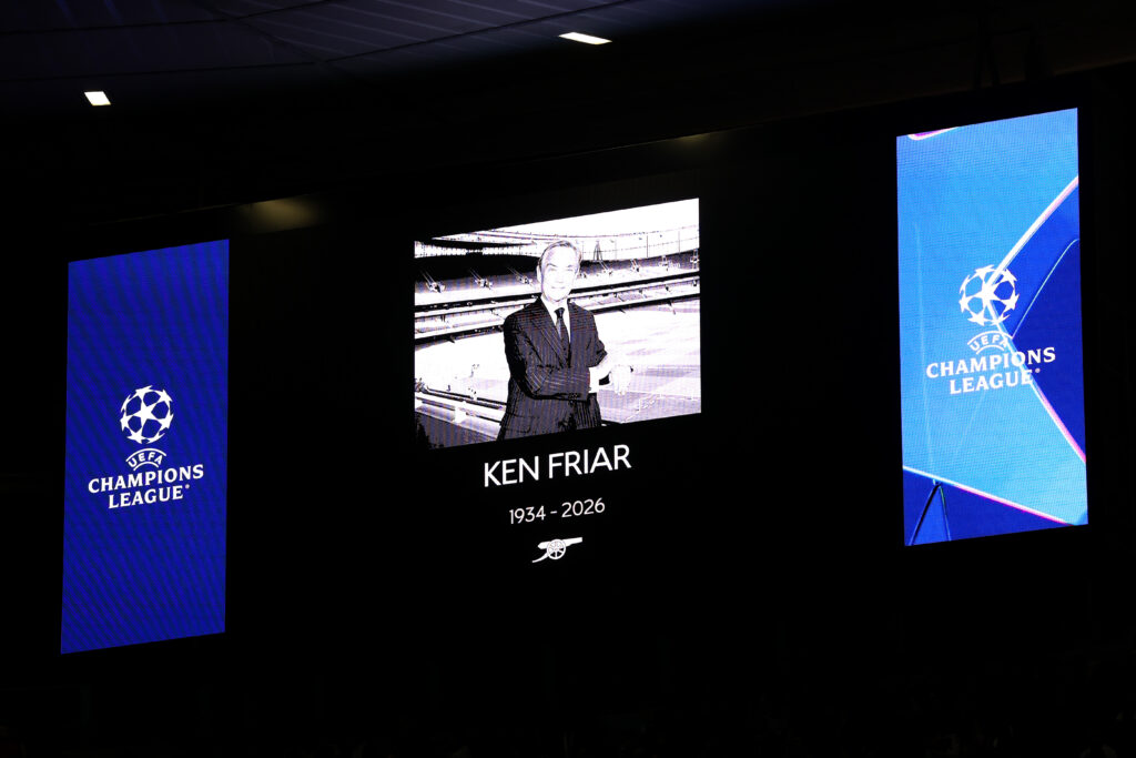 LONDON, ENGLAND - OCTOBER 13: The screen shows a tribute to the late Ken Friar during the UEFA Champions League 2026/27 League Phase MD2 match between Arsenal FC and LOSC Lille at Arsenal Stadium on October 13, 2026 in London, England. (Photo by Justin Setterfield/Getty Images)