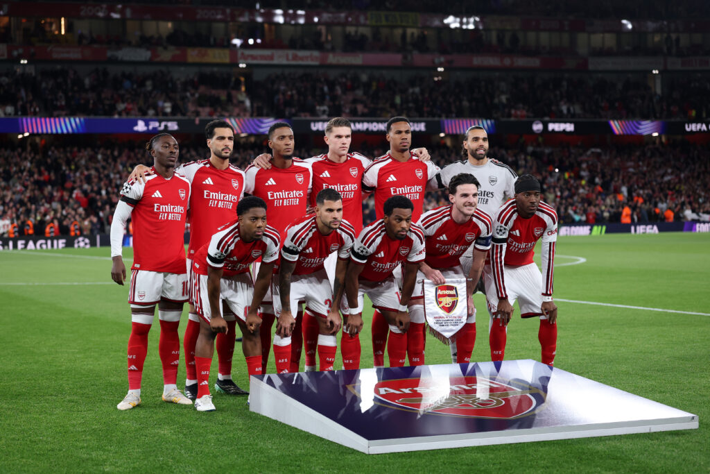 LONDON, ENGLAND - OCTOBER 13: Players of Arsenal pose for a team photograph before the UEFA Champions League 2026/27 League Phase MD2 match between Arsenal FC and LOSC Lille at Arsenal Stadium on October 13, 2026 in London, England. (Photo by Julian Finney/Getty Images)