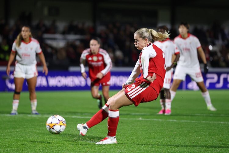 Alessia Russo of Arsenal scores her team’s third goal from the penalty spot during the UEFA Women's Champions League 2026/27 League Phase MD3 match...