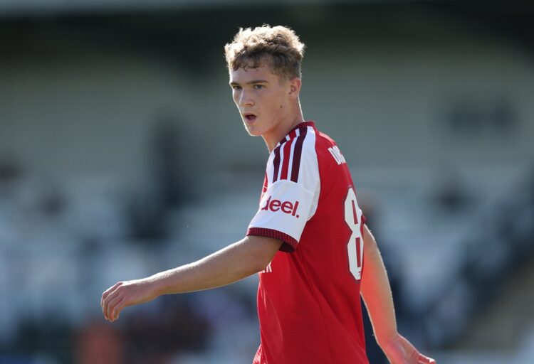 Axel Donczew of Arsenal looks on during the UEFA Youth League 2026/27 MD2 match between Arsenal U19 and Lille U19 at Meadow Park on October 13, 202...