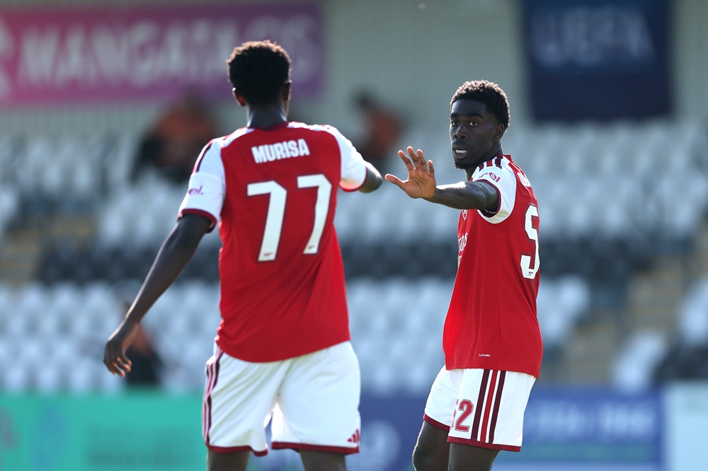 Joshua Ogunnaike of Arsenal celebrates scoring his team’s first goal with teammate Teshaun Murisa during the UEFA Youth League 2026/27 MD2 match between Arsenal U19 and Lille U19 at Meadow Park on October 13, 2026 in Borehamwood, England. (Photo by Julian Finney/Getty Images)