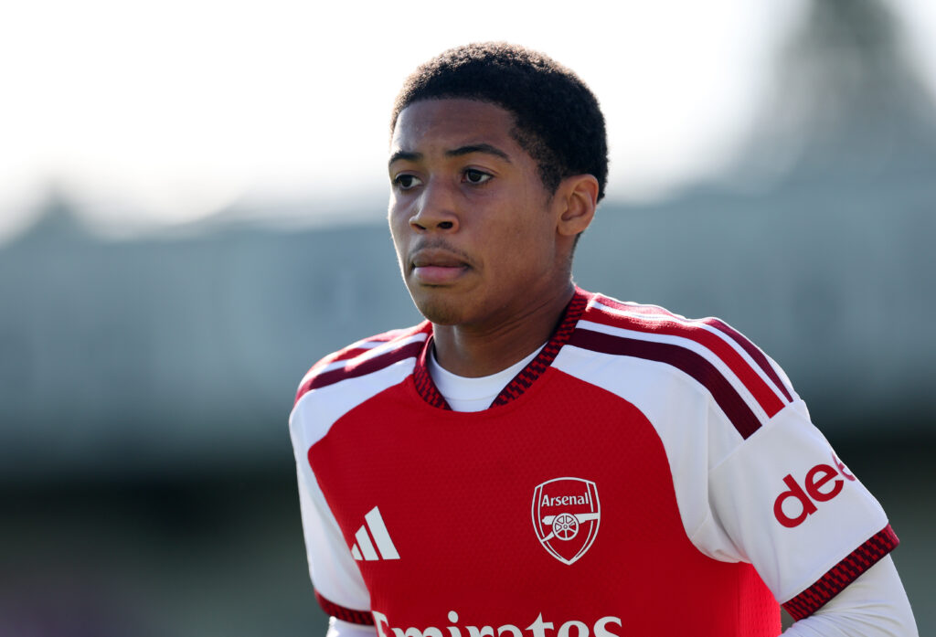 BOREHAMWOOD, ENGLAND - OCTOBER 13: Emerson Nwaneri of Arsenal looks on during the UEFA Youth League 2026/27 MD2 match between Arsenal U19 and Lille U19 at Meadow Park on October 13, 2026 in Borehamwood, England. (Photo by Julian Finney/Getty Images)