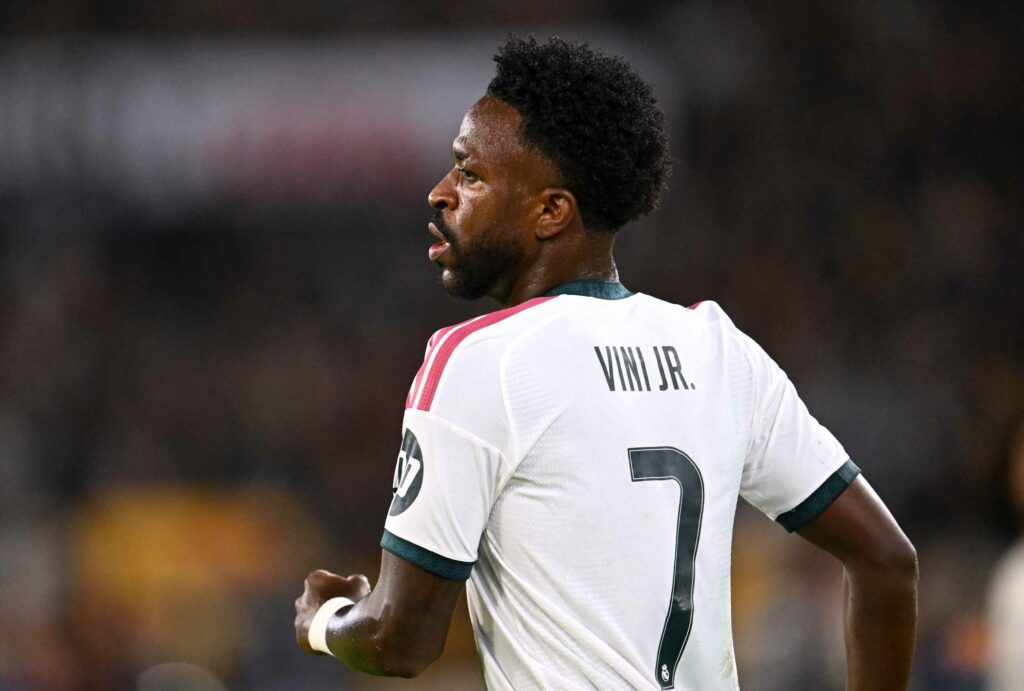 ROME, ITALY - OCTOBER 14: Vinicius Junior of Real Madrid looks on during the UEFA Champions League 2026/27 League Phase MD2 match between AS Roma and Real Madrid C.F. at Stadio Olimpico on October 14, 2026 in Rome, Italy. (Photo by Tullio M. Puglia/Getty Images)