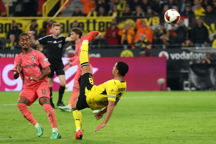 Ethan Nwaneri of Borussia Dortmund scores an overhead kick which is later disallowed during the Bundesliga 2026/27 match between Borussia Dortmund ...