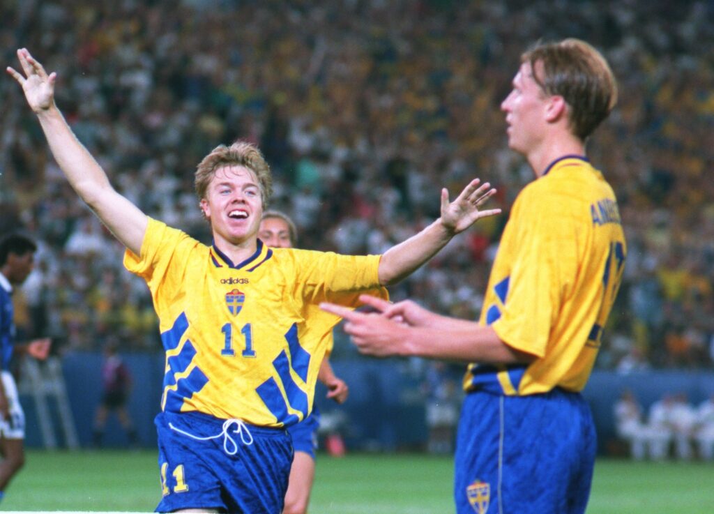28 JUN 1994: TOMAS BROLIN CELEBRATES KENNET ANDERSSON''S GOAL DURING THE 1994 WORLD CUP MATCH BRAZIL V SWEDEN AT THE SILVERDOME IN DETROIT, MICHIGAN. Mandatory Credit: Jonathan Daniel/ALLSPORT