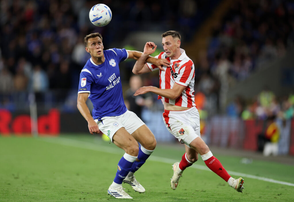 CARDIFF, WALES - SEPTEMBER 08: Robert Bozenik of Stoke City is challenged by Krystian Bielik of Cardiff City during the Sky Bet Championship 2026/27 match between Cardiff City and Stoke City at Cardiff City Stadium on September 08, 2026 in Cardiff, Wales. (Photo by Dan Istitene/Getty Images)
