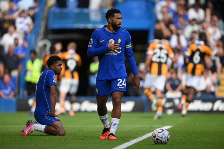 A dejected looking Reece James and Wesley Fofana of Chelsea react to Hull's second goal during the Premier League 2026/27 match between Chelsea FC ...