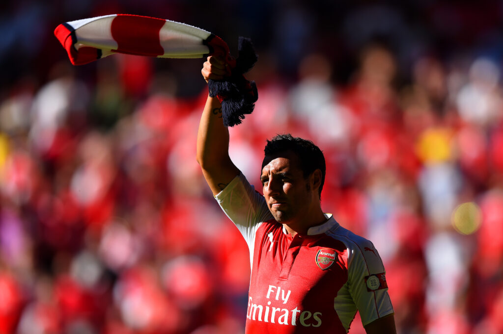 LONDON, ENGLAND - AUGUST 02: Santi Cazorla of Arsenal celebrates his team's 1-0 win in the FA Community Shield match between Chelsea and Arsenal at Wembley Stadium on August 2, 2015 in London, England. (Photo by Shaun Botterill/Getty Images)