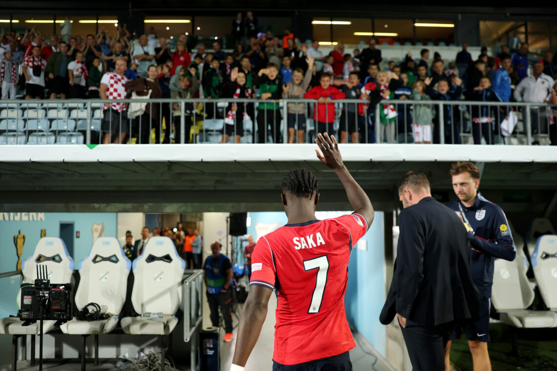 RIJEKA, CROATIA - OCTOBER 03: Bukayo Saka of England acknowledges the fans as he walks off after victory in the UEFA Nations League 2026/27 group p...